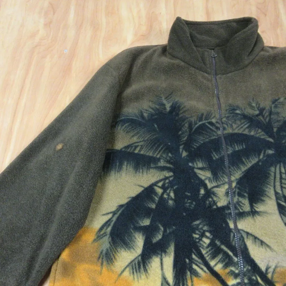KOKOPELLI All Over Palm Print Zip-Up‎ Fleece Jacket Sz M Hawaiian Tropical Coat